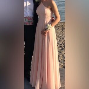peach pink lace maxi prom dress